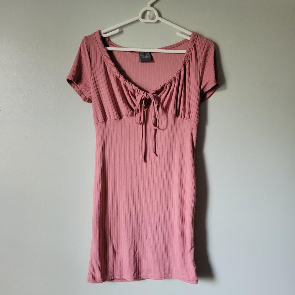 Olivia Rae Mini Dress Women's Small Ribbed Pink Rose w/ Neckline Keyhole Tie